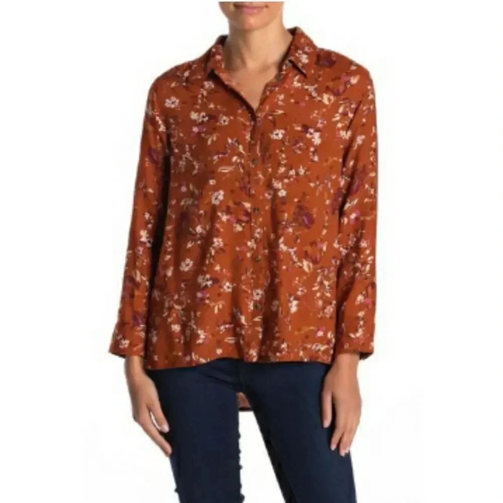 NEW Susina Women’s Plus Size 1X Rust Button Down Floral Print Blouse v6x